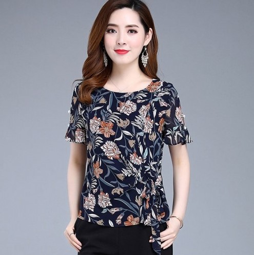 Women Casual Summer Style Chiffon Blouses Shirts Lady Casual Flower printed O Neck Blusas Tops DF2857